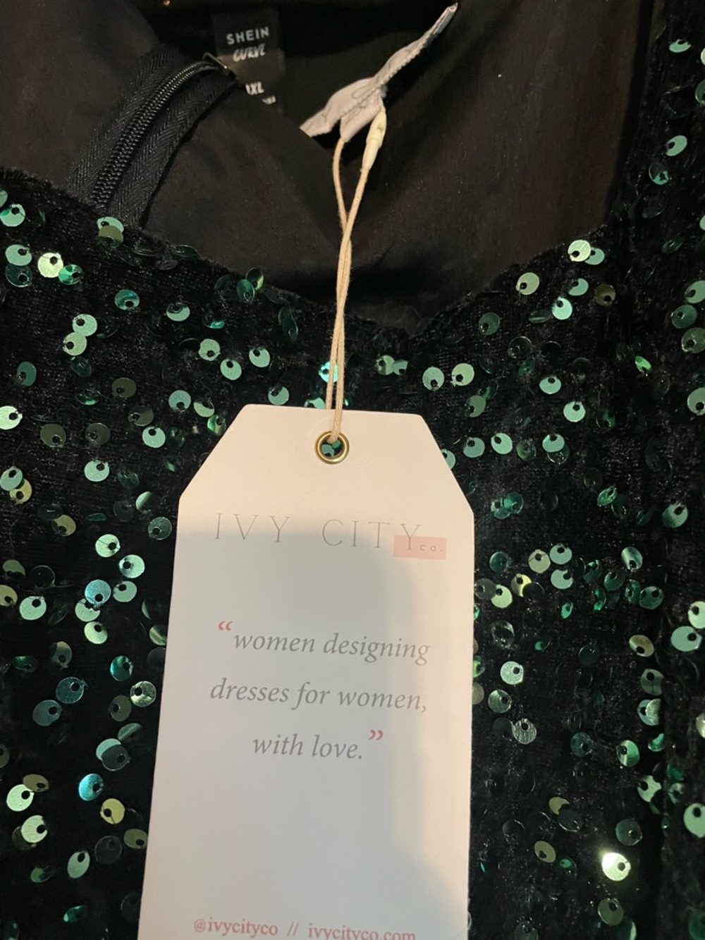 Ivy City Co Black Sequin Dress with Green Accents